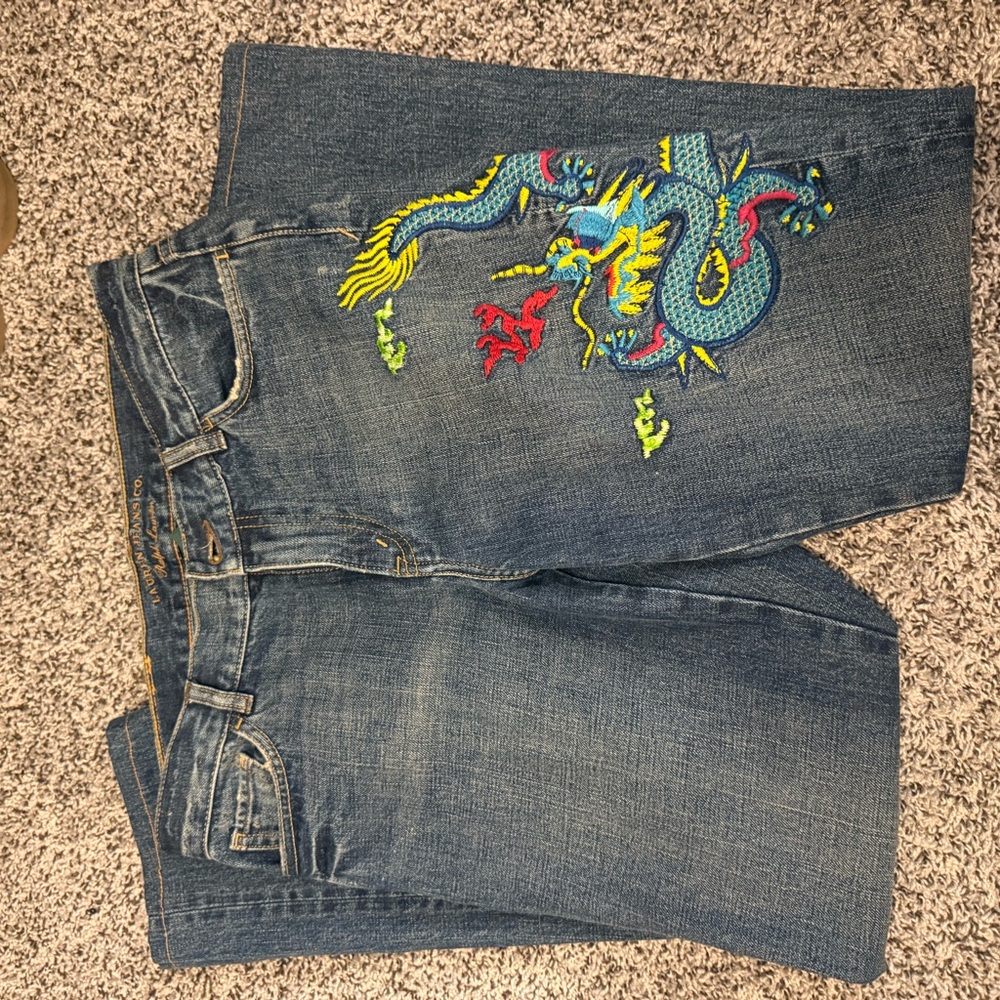 Ralph Lauren Vintage Blue Straight-Leg Jeans with Colorful Dragon Embroidery